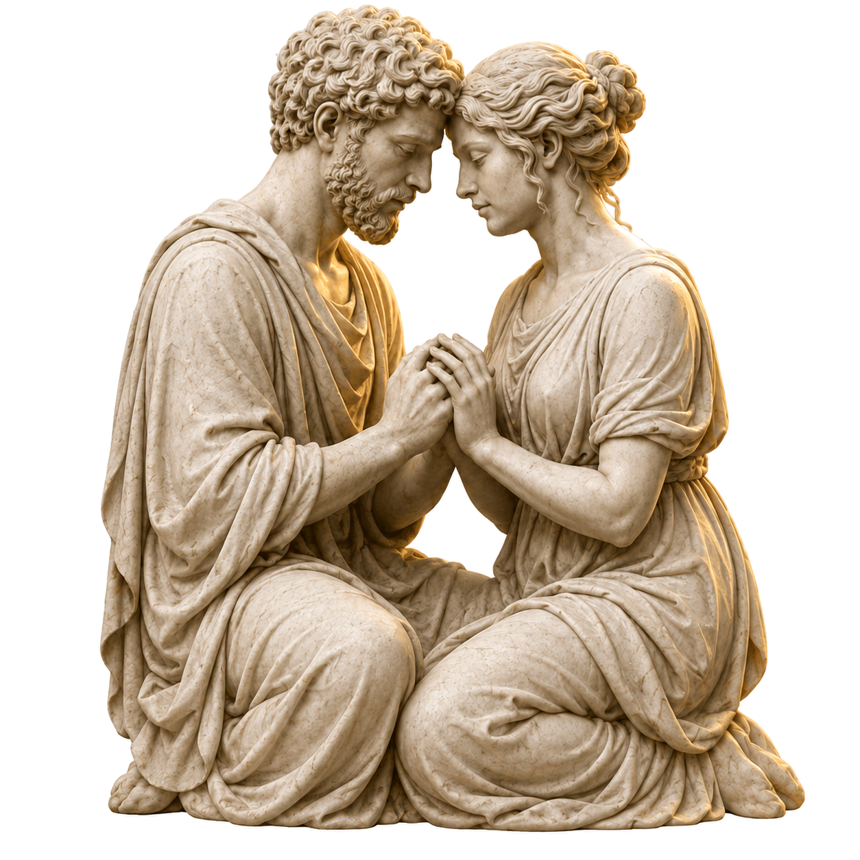 Two stone figures sharing a gentle moment of closeness